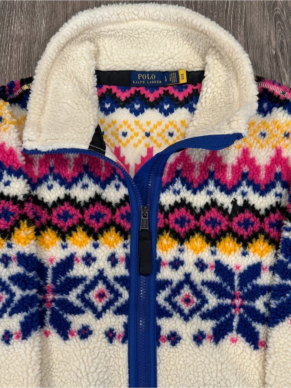 Polo Ralph Lauren Cream Sherpa Zip Jacket with Navy & Pink Fair Isle SIZE LARGE - Picture 2 of 5